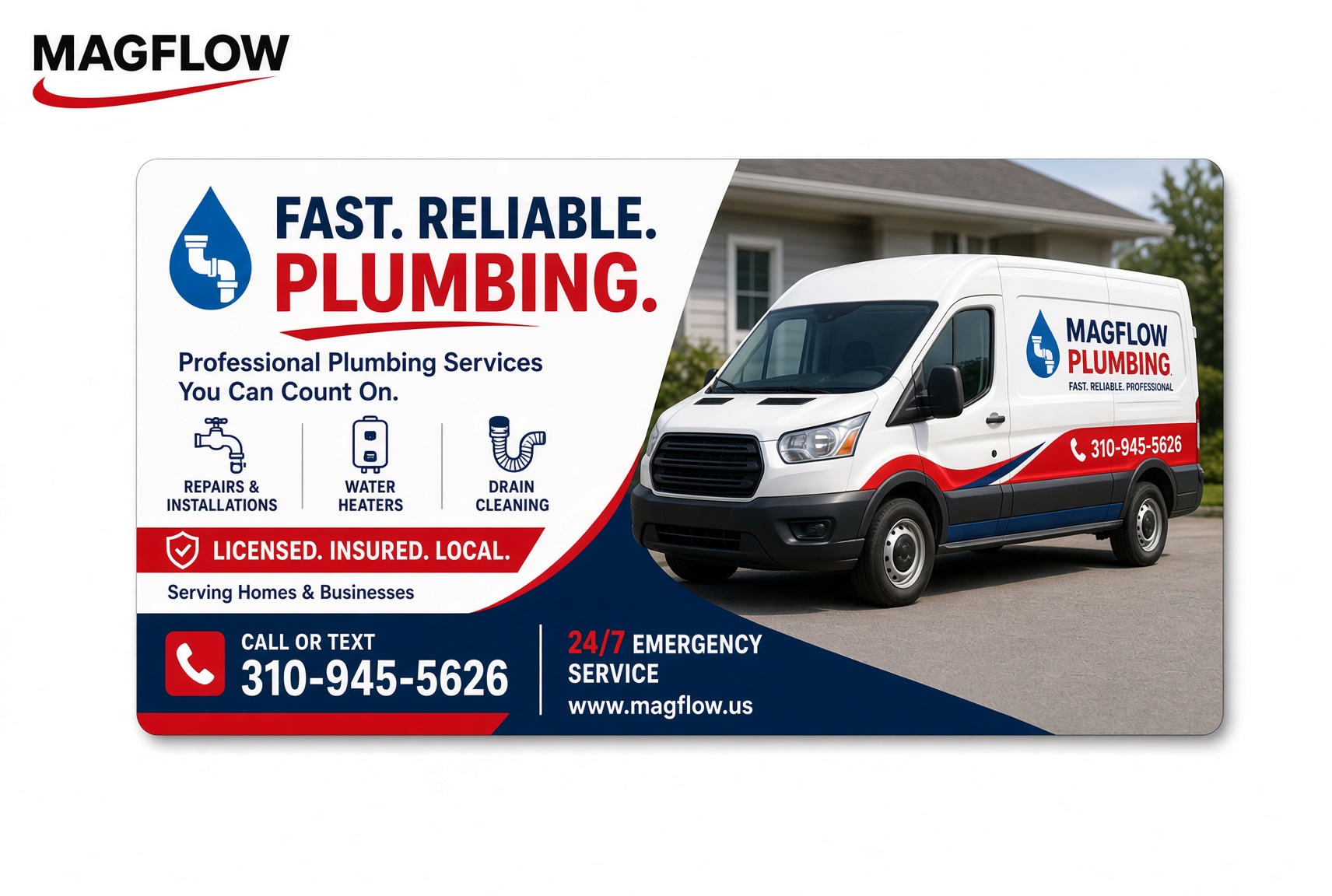 Sample vehicle magnet on a white service van for a plumbing company